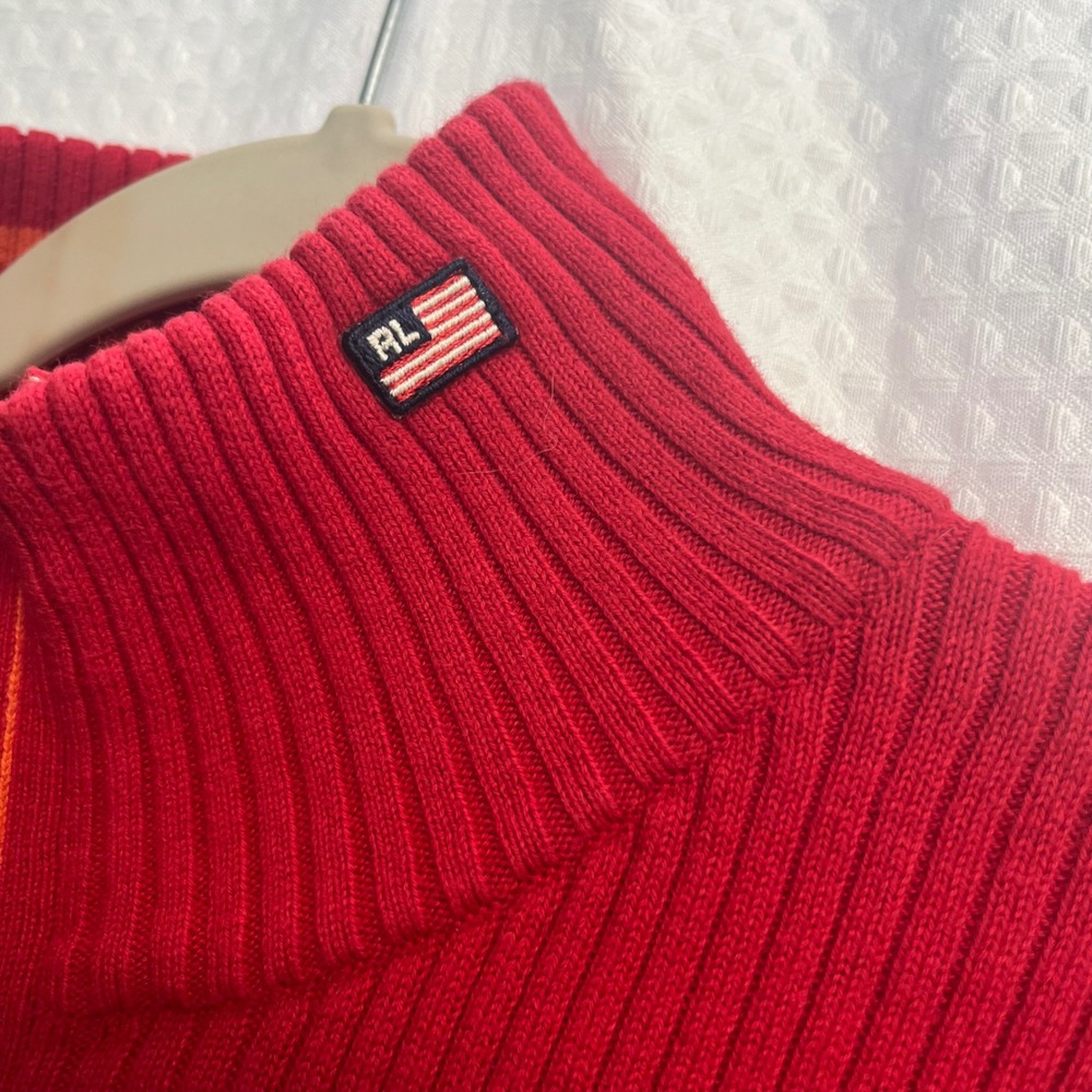Vtg Polo Jeans Co Ralph Lauren Red Ribbed 1/4 zip Cotton Sweater XL Women Flag